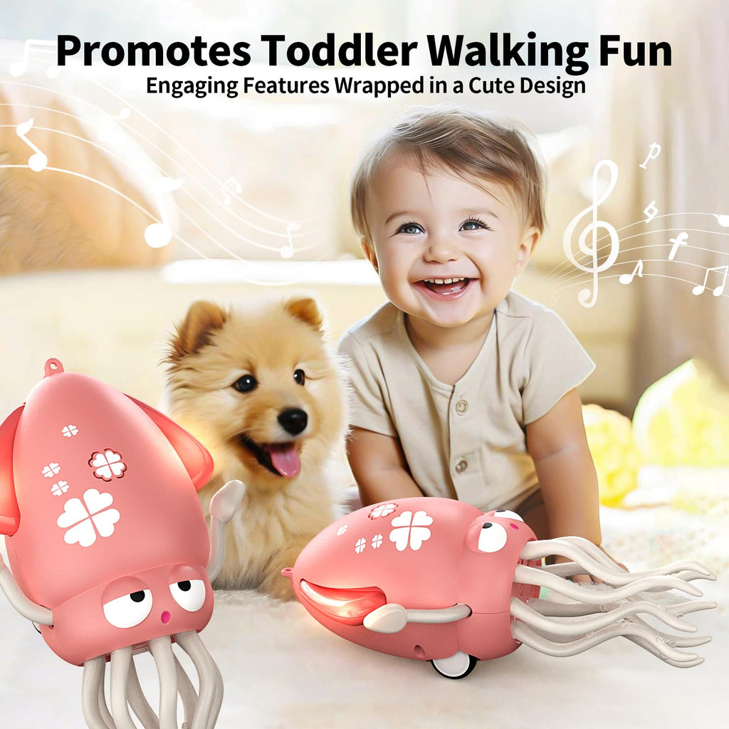 SWTOIPIG Pink Electric Dancing Octopus Toy with Lights, Music & Obstacle Avoidance for Tummy Time