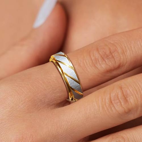 SYDNFZY 18K Gold Plated Fidget Spinner Ring – Stainless Steel Anxiety Relief Jewelry for Women and Men, Size 8 with Slanted Brushing Texture