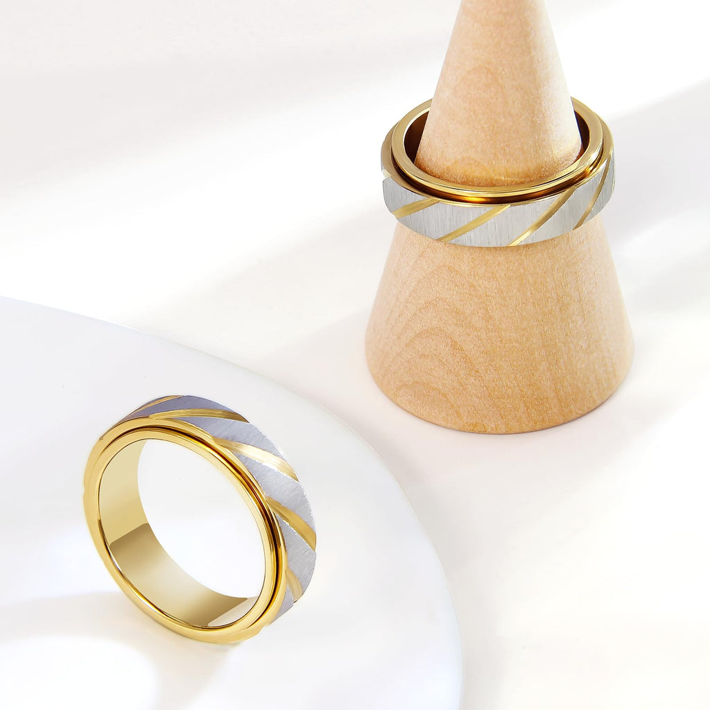 SYDNFZY 18K Gold Plated Fidget Spinner Ring – Stainless Steel Anxiety Relief Jewelry for Women and Men, Size 8 with Slanted Brushing Texture