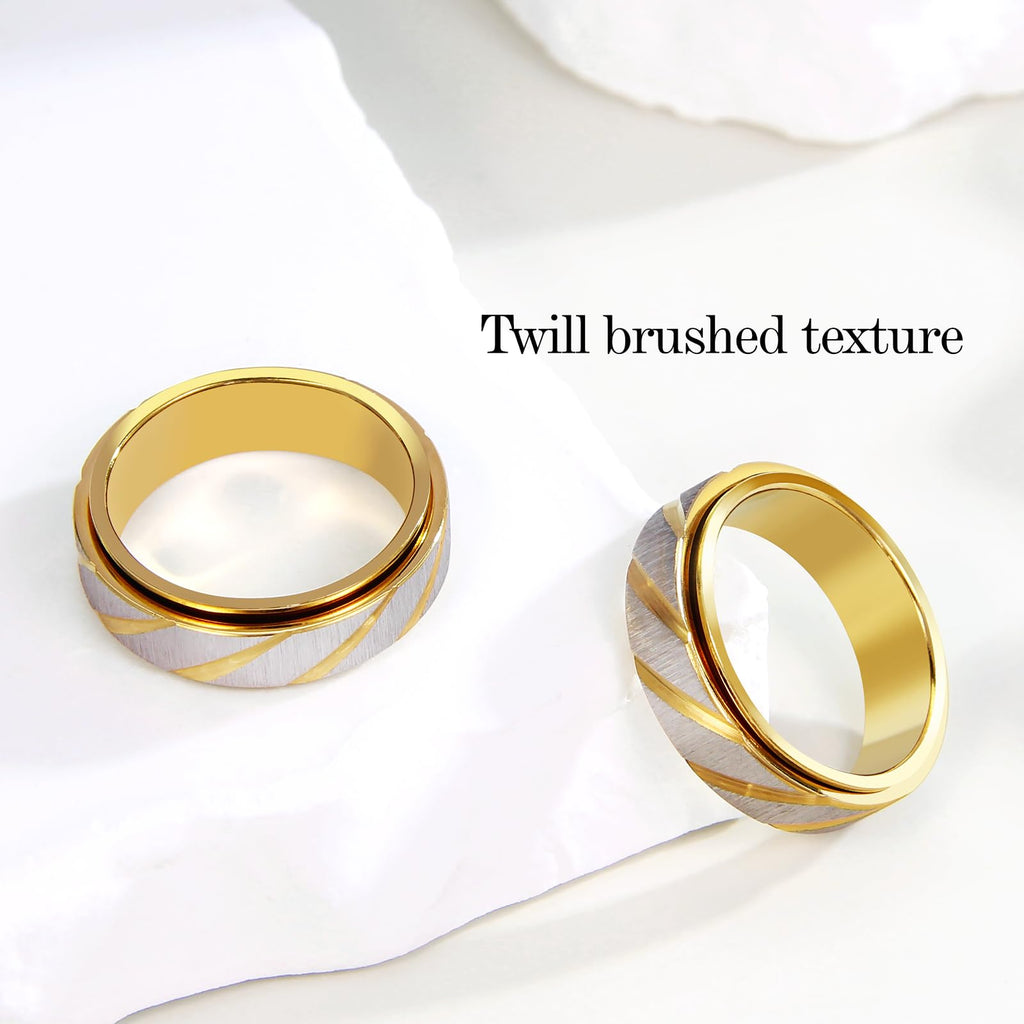 SYDNFZY 18K Gold Plated Fidget Spinner Ring – Stainless Steel Anxiety Relief Jewelry for Women and Men, Size 8 with Slanted Brushing Texture