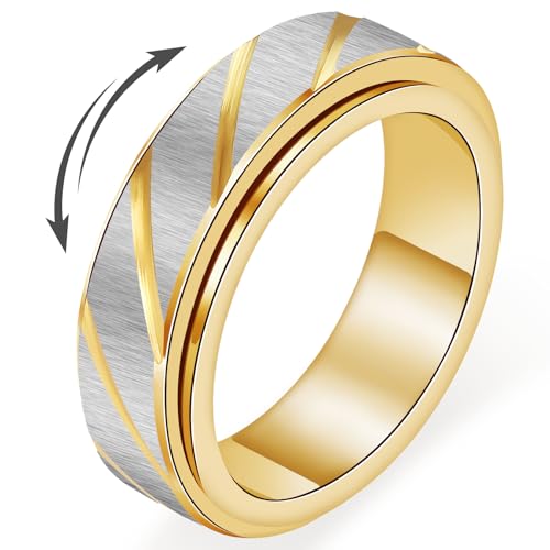 SYDNFZY 18K Gold Plated Fidget Spinner Ring – Stainless Steel Anxiety Relief Jewelry for Women and Men, Size 8 with Slanted Brushing Texture