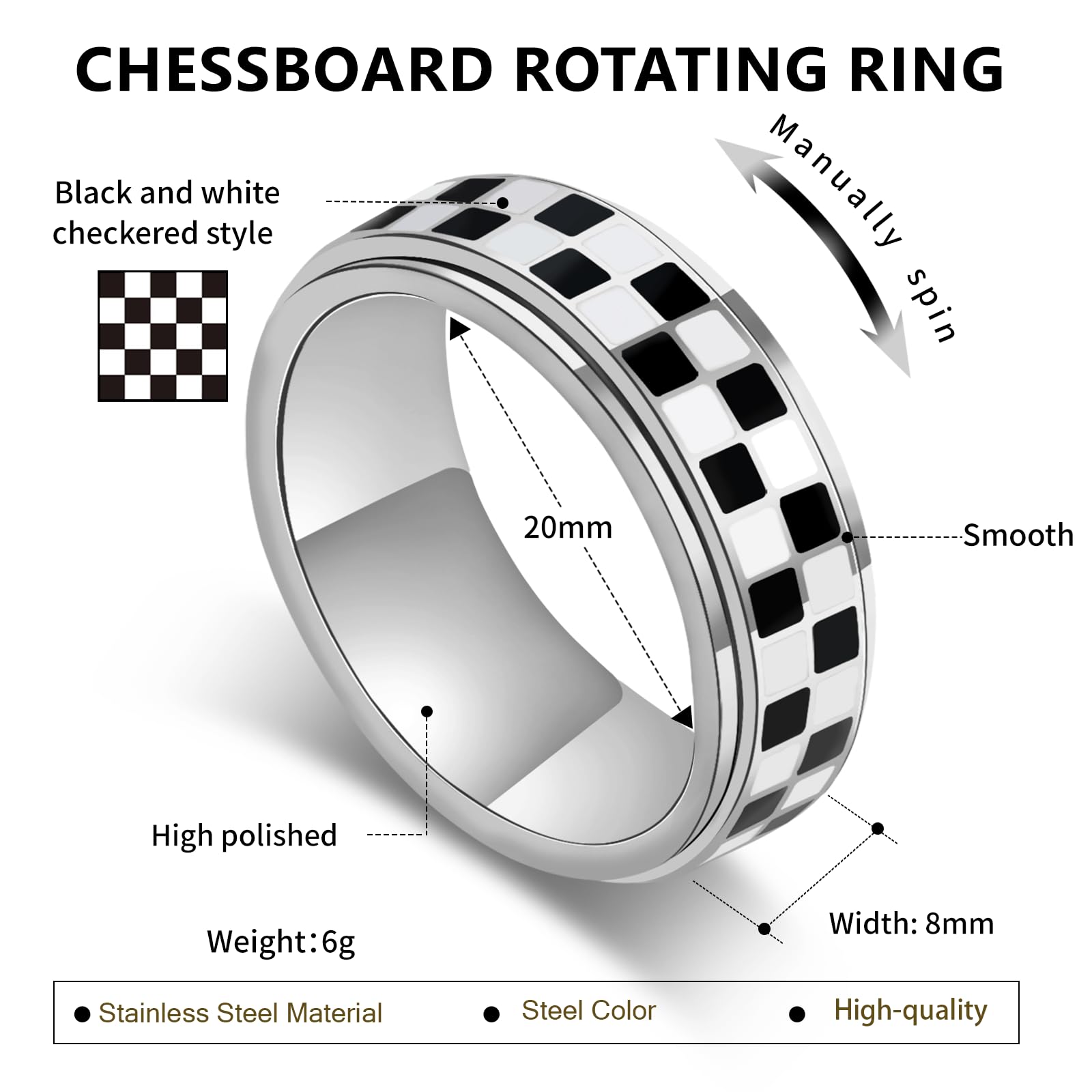 SYDNFZY Checkered Fidget Ring - 8mm 18K Gold Plated Stainless Steel Spinner Ring for Stress Relief - Anxiety Jewelry for Men and Women - Size 11