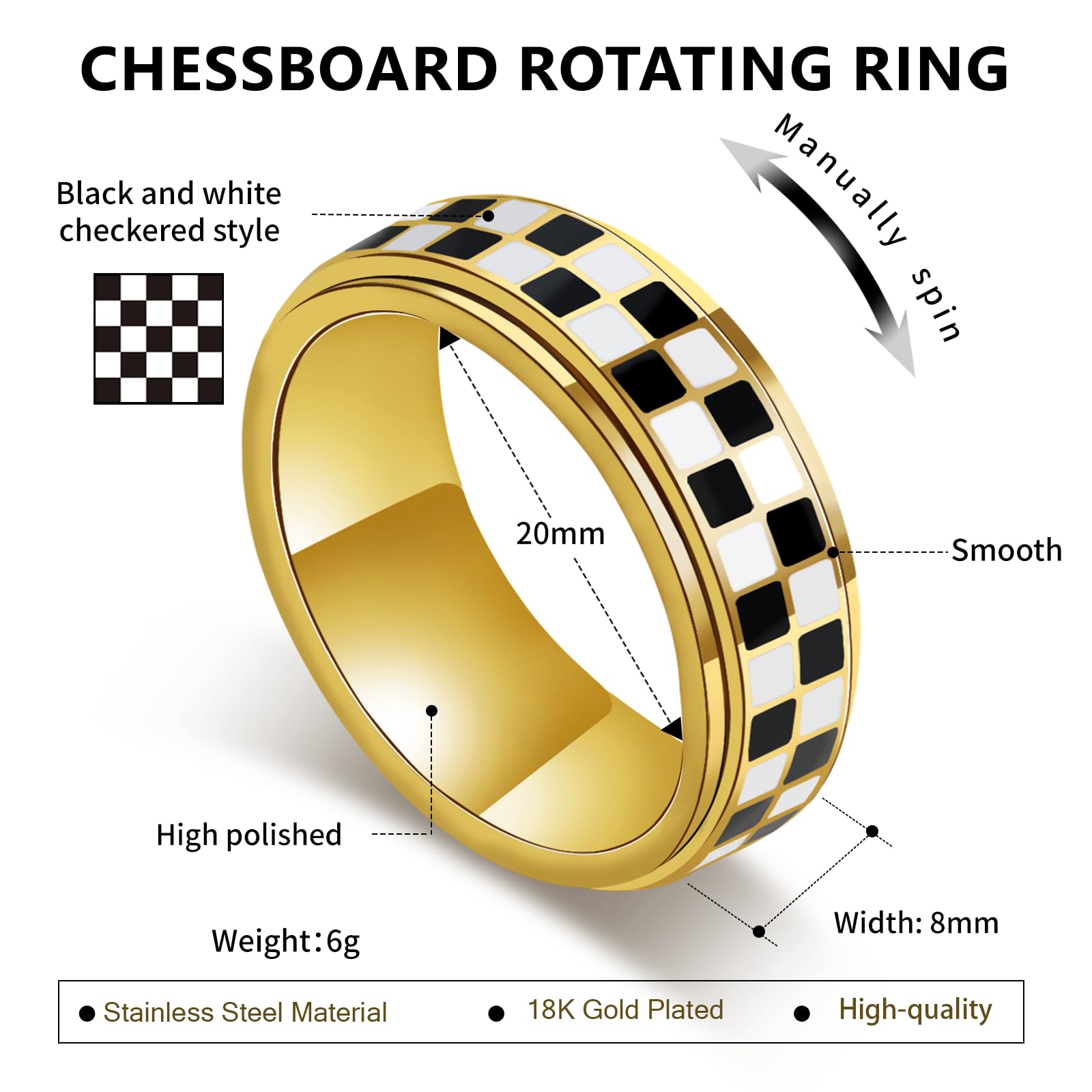 SYDNFZY Checkered Fidget Ring – 8mm 18K Gold Plated Stainless Steel Anxiety Spinner Jewelry for Adults