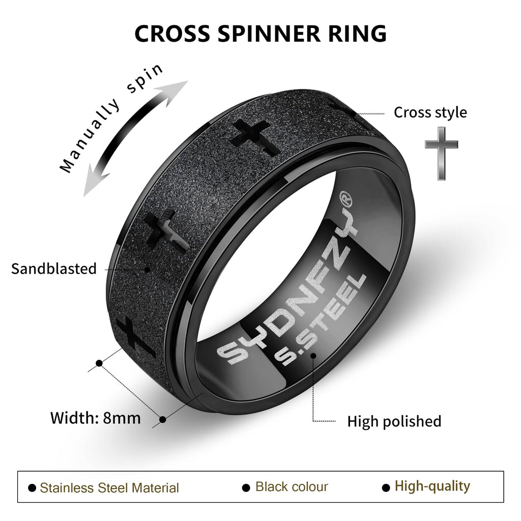 SYDNFZY Men's Stainless Steel Anxiety Spinner Ring – 8mm Fidget Ring for Stress Relief – Rotating Band – Sizes 6-11