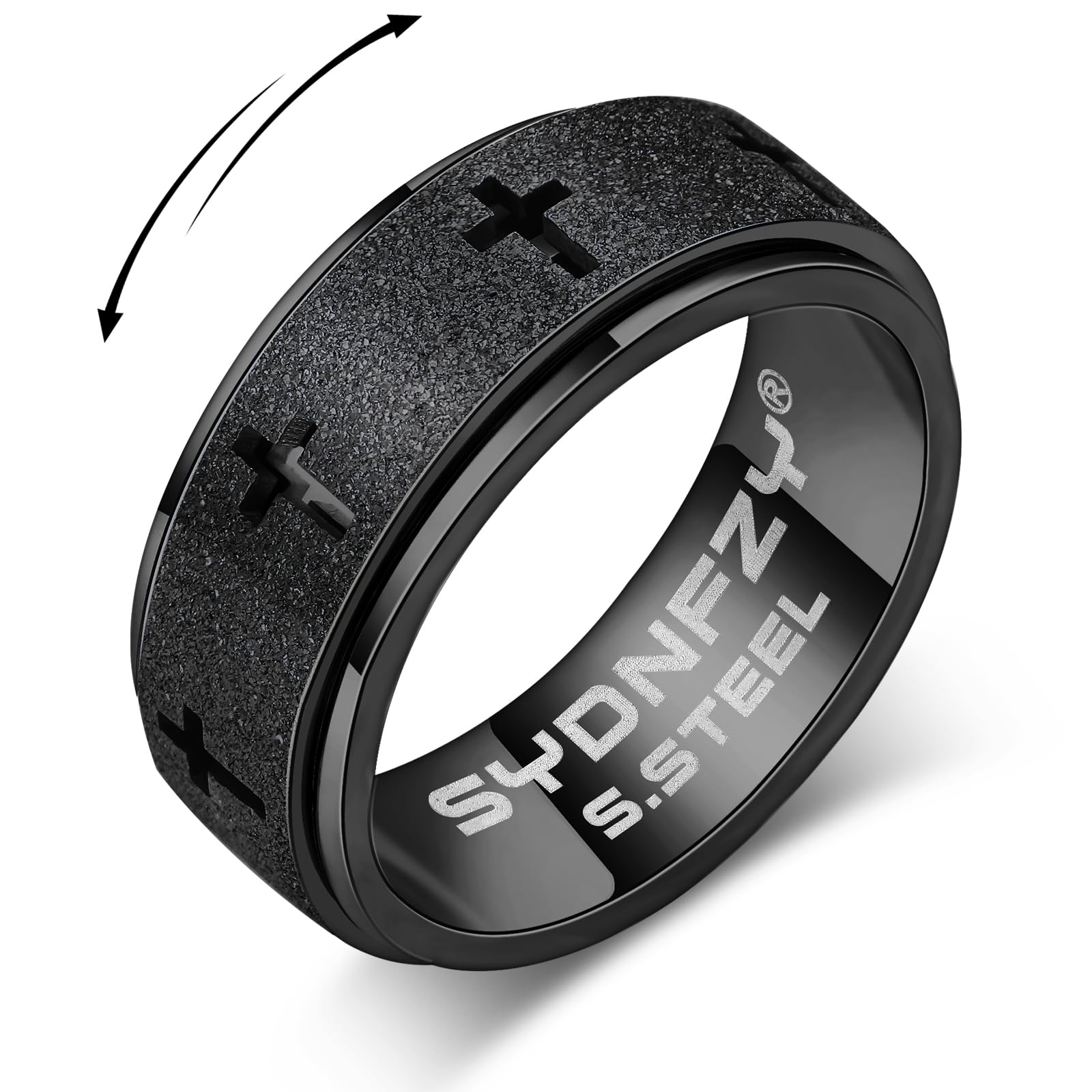SYDNFZY Men's Stainless Steel Cross Spinner Ring – 8mm Fidget Ring for Anxiety Relief, Sizes 6-11