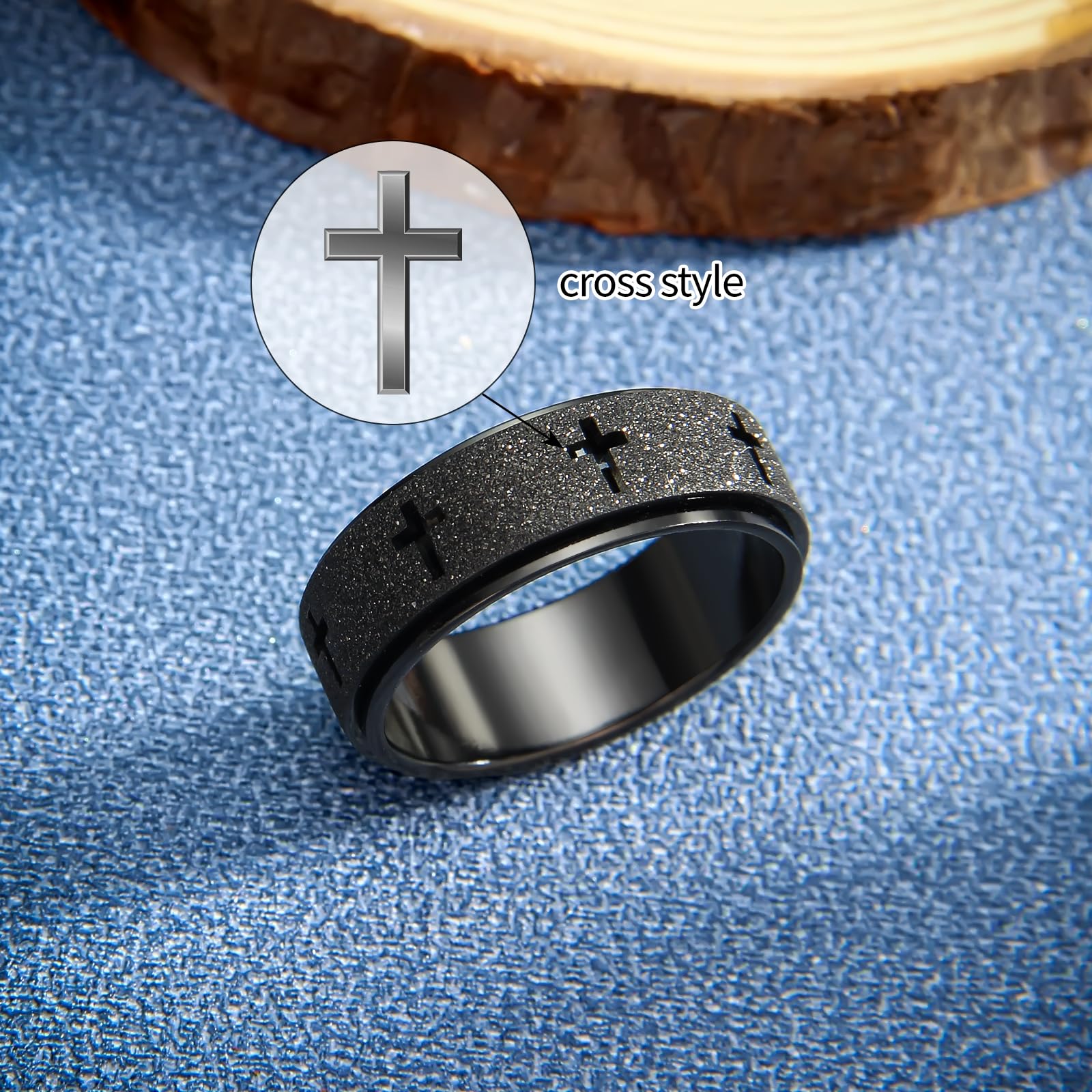 SYDNFZY Men's Stainless Steel Spinner Ring - 8mm Cross Fidget Ring for Anxiety and Focus