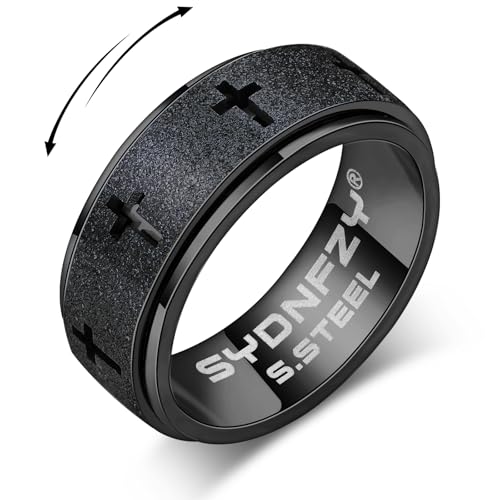 SYDNFZY Men's Stainless Steel Spinner Ring - 8mm Cross Fidget Ring for Anxiety and Focus