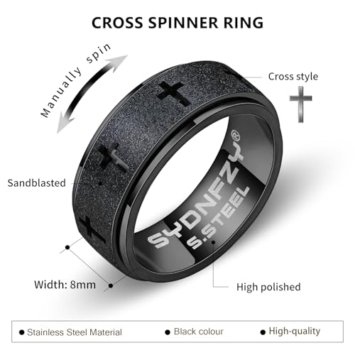 SYDNFZY Men's Stainless Steel Spinner Ring - 8mm Cross Fidget Ring for Anxiety and Focus