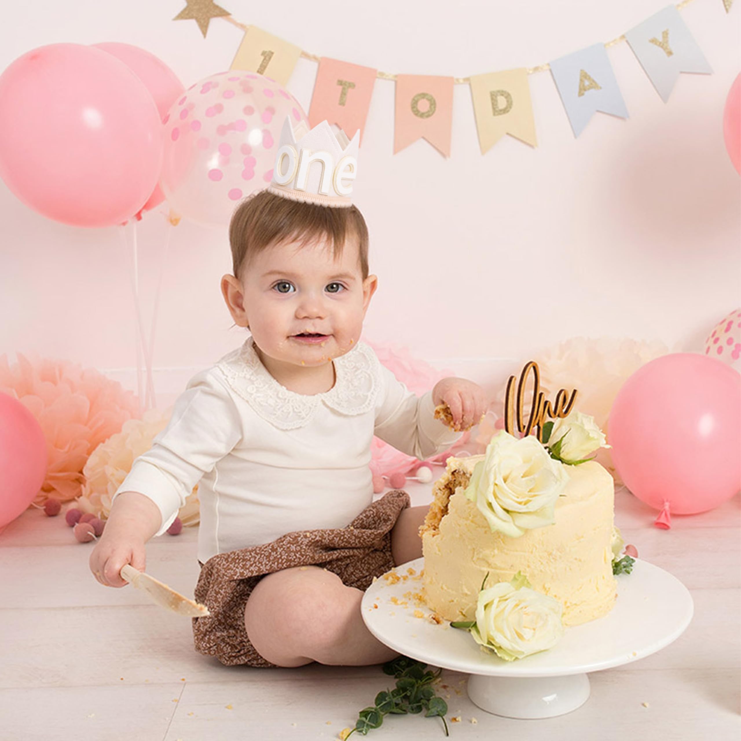 SYESQL Baby 1st Birthday Crown Hat - White Felt Cake Smash Party Headpiece for Boys and Girls