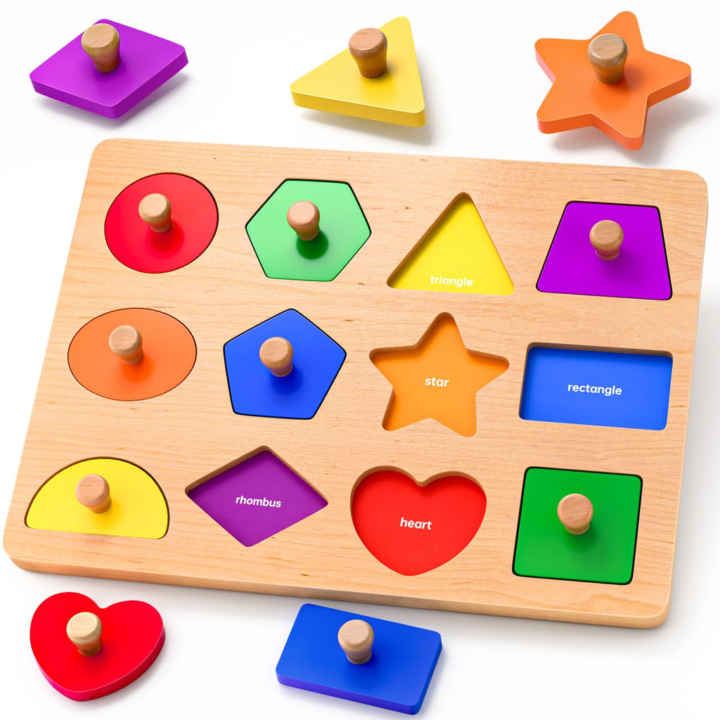 SYHLN Wooden Shape Peg Puzzles for Toddlers 1-3 | 12 Shapes & 6 Colors | Montessori Learning Toy