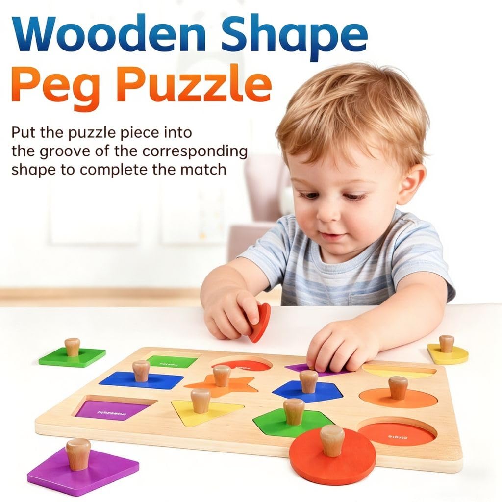 SYHLN Wooden Shape Peg Puzzles for Toddlers 1-3 | 12 Shapes & 6 Colors | Montessori Learning Toy
