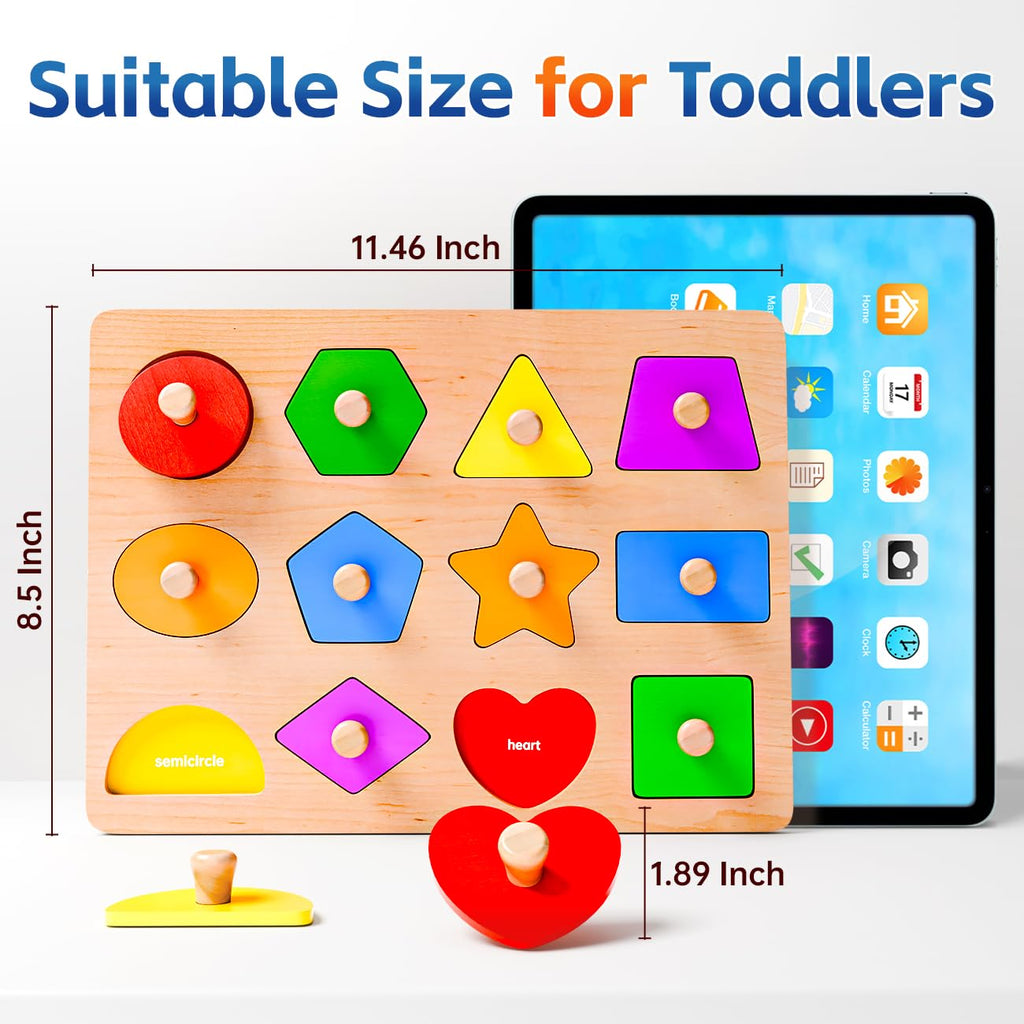 SYHLN Wooden Shape Peg Puzzles for Toddlers 1-3 | 12 Shapes & 6 Colors | Montessori Learning Toy