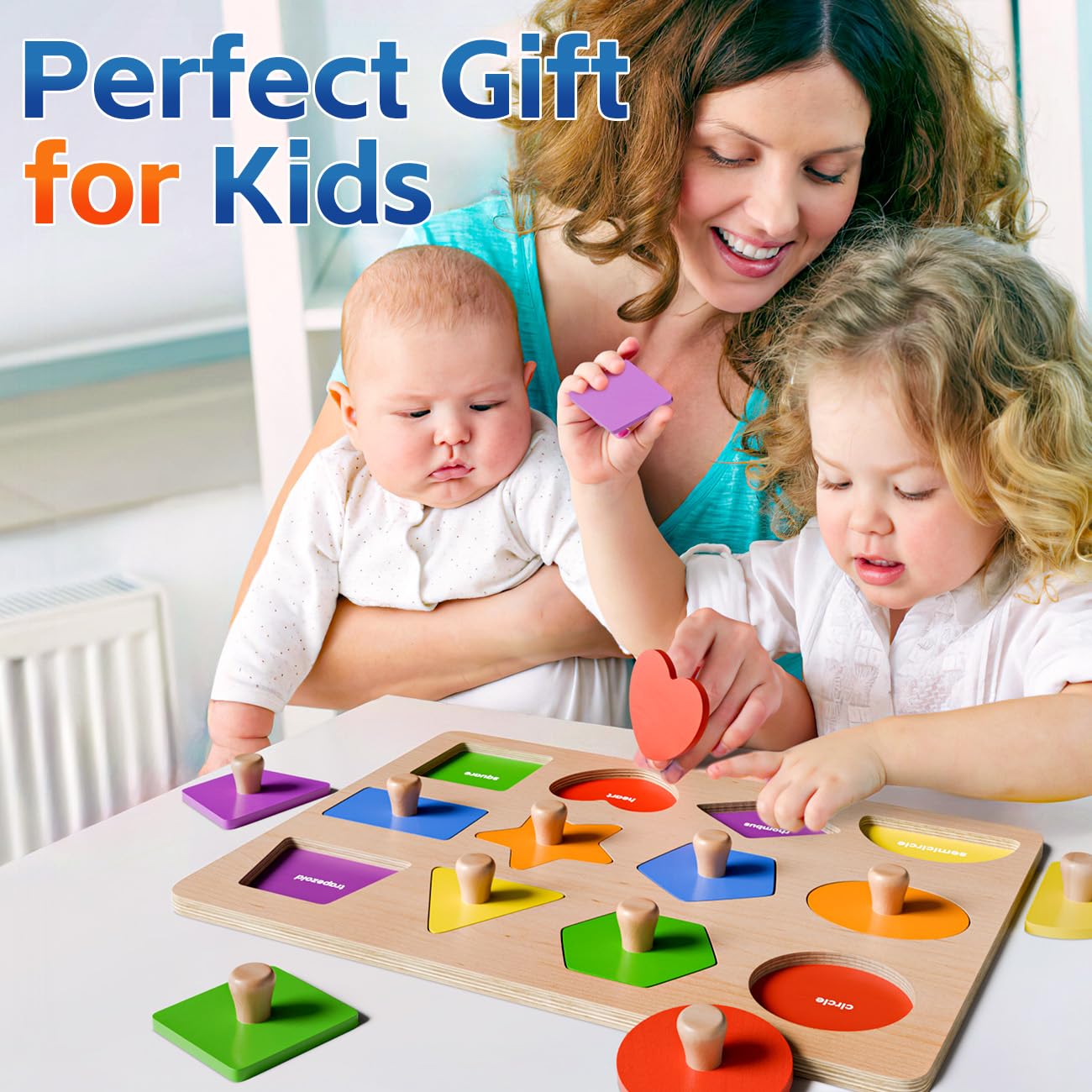 SYHLN Wooden Shape Peg Puzzles for Toddlers 1-3 | 12 Shapes & 6 Colors | Montessori Learning Toy