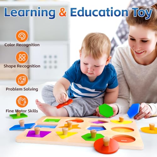 SYHLN Wooden Shape Peg Puzzles for Toddlers 1-3 | 12 Shapes & 6 Colors | Montessori Learning Toy