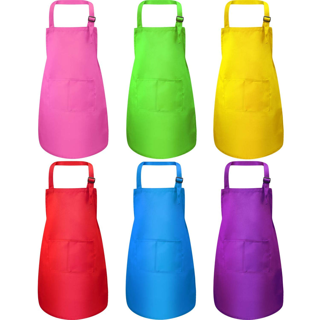Syhood 6 Pack Kids Aprons with Pockets - Adjustable Children Chef Aprons for Cooking, Painting, Crafting (Fresh Colors, Large)