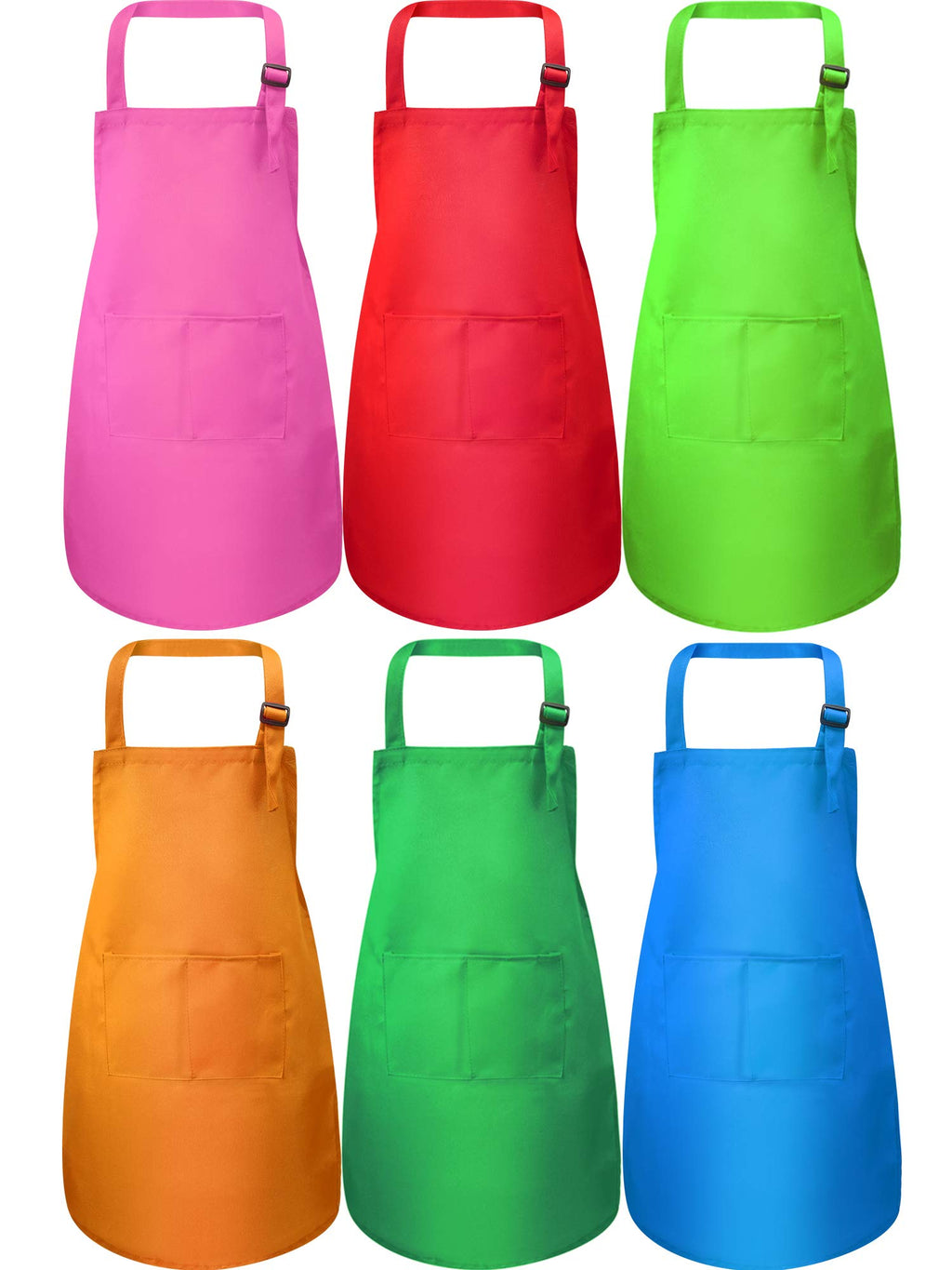 Syhood 6 Pack Kids Aprons with Pockets - Adjustable Children's Chef Aprons for Cooking, Baking, Painting, Crafting (Bright Colors, Large)