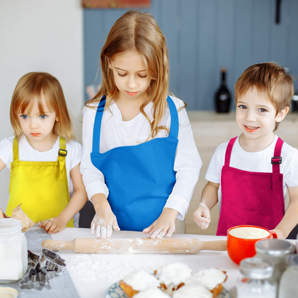 Syhood 6 Pack Kids Aprons with Pockets - Adjustable Children's Chef Aprons for Cooking, Baking, Painting, Crafting (Bright Colors, Large)
