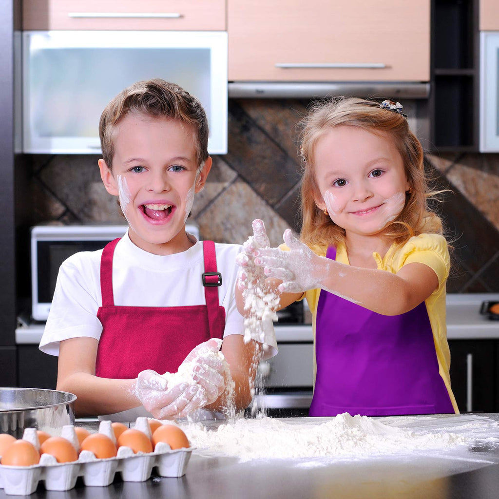 Syhood 6 Pack Kids Aprons with Pockets - Adjustable Children's Chef Aprons for Cooking, Baking, Painting, Crafting (Bright Colors, Large)