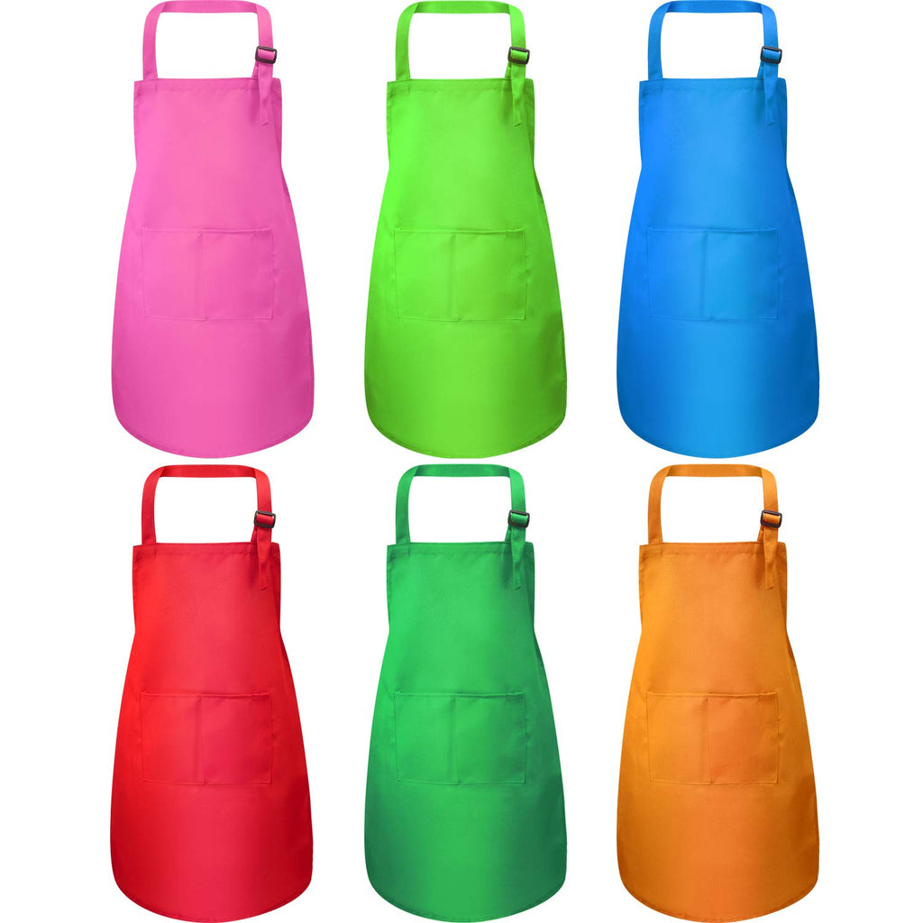 Syhood 6 Pack Kids Aprons with Pockets - Adjustable Children's Chef Aprons for Cooking, Baking, Painting, Crafting (Bright Colors, Large)