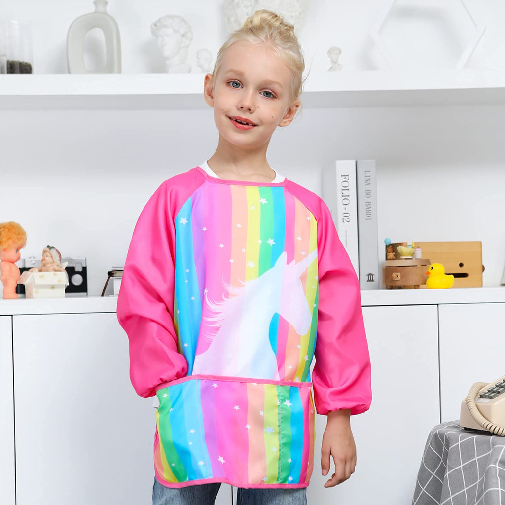 Sylfairy Kids Painting Smock – Waterproof Rainbow Unicorn Apron with Pockets for Ages 2-7