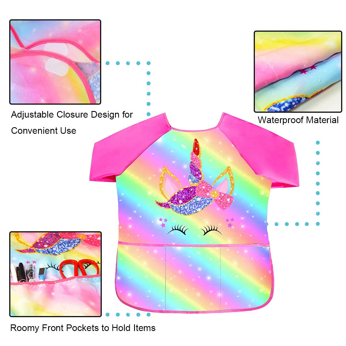 Sylfairy Kids Painting Smock – Waterproof Rainbow Unicorn Apron with Pockets for Ages 2-7