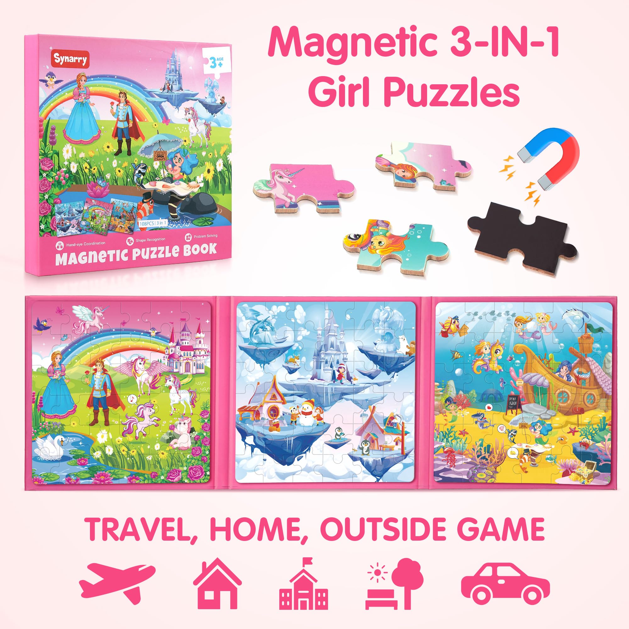SYNARRY 36-Piece Magnetic Jigsaw Puzzles for Kids Ages 3-8 – Unicorn Princess Mermaid Themes, Travel-Friendly Book Design