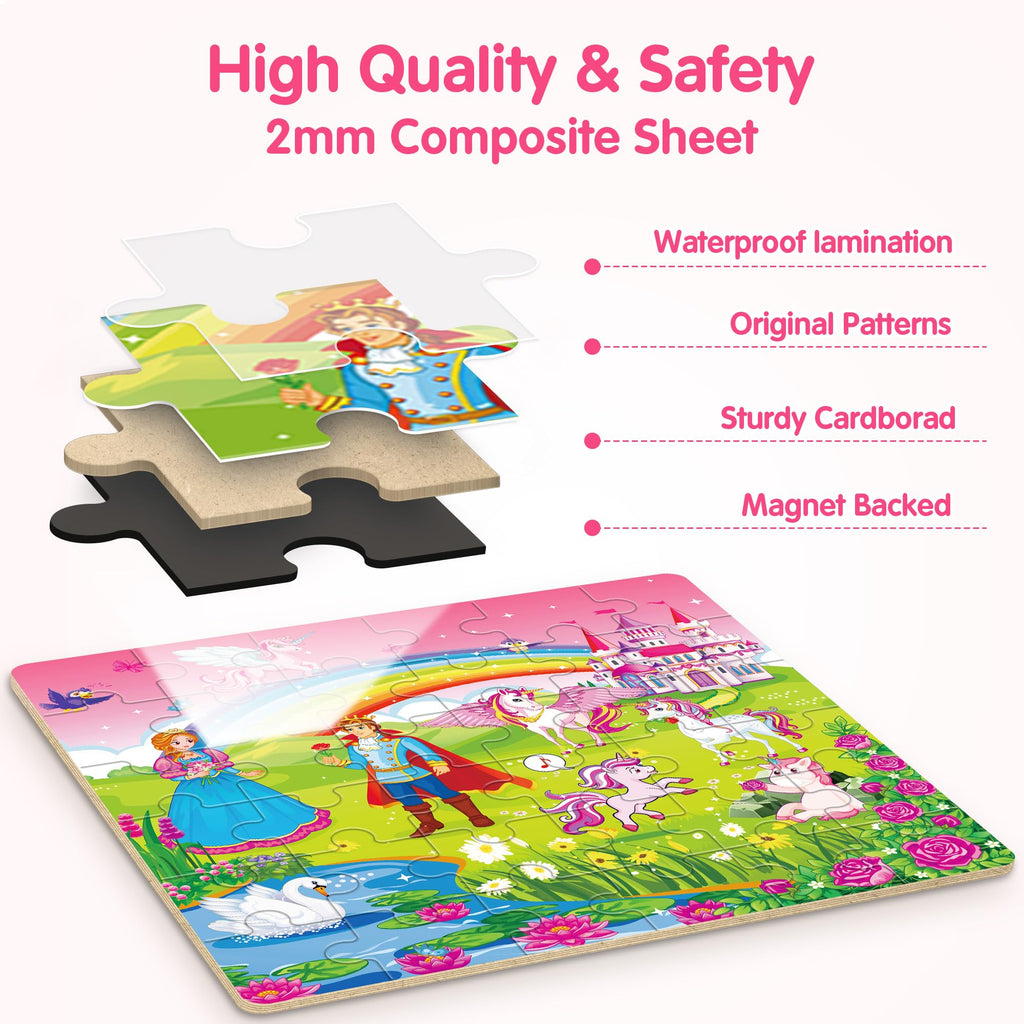 SYNARRY 36-Piece Magnetic Jigsaw Puzzles for Kids Ages 3-8 – Unicorn Princess Mermaid Themes, Travel-Friendly Book Design