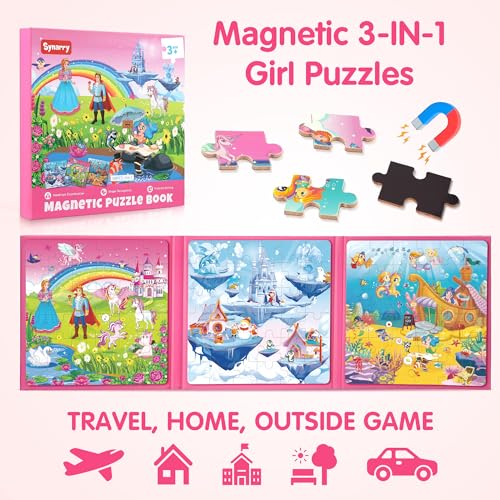 SYNARRY 36-Piece Magnetic Jigsaw Puzzles for Kids Ages 3-8 – Unicorn Princess Mermaid Themes, Travel-Friendly Book Design