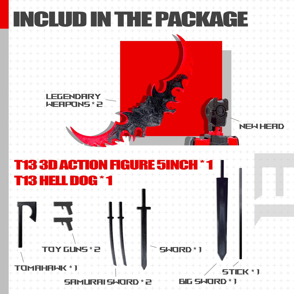 T13 3D Action Figure Set - Fully Assembled Dummy Robot Titan 13 with Dog, Black/Red