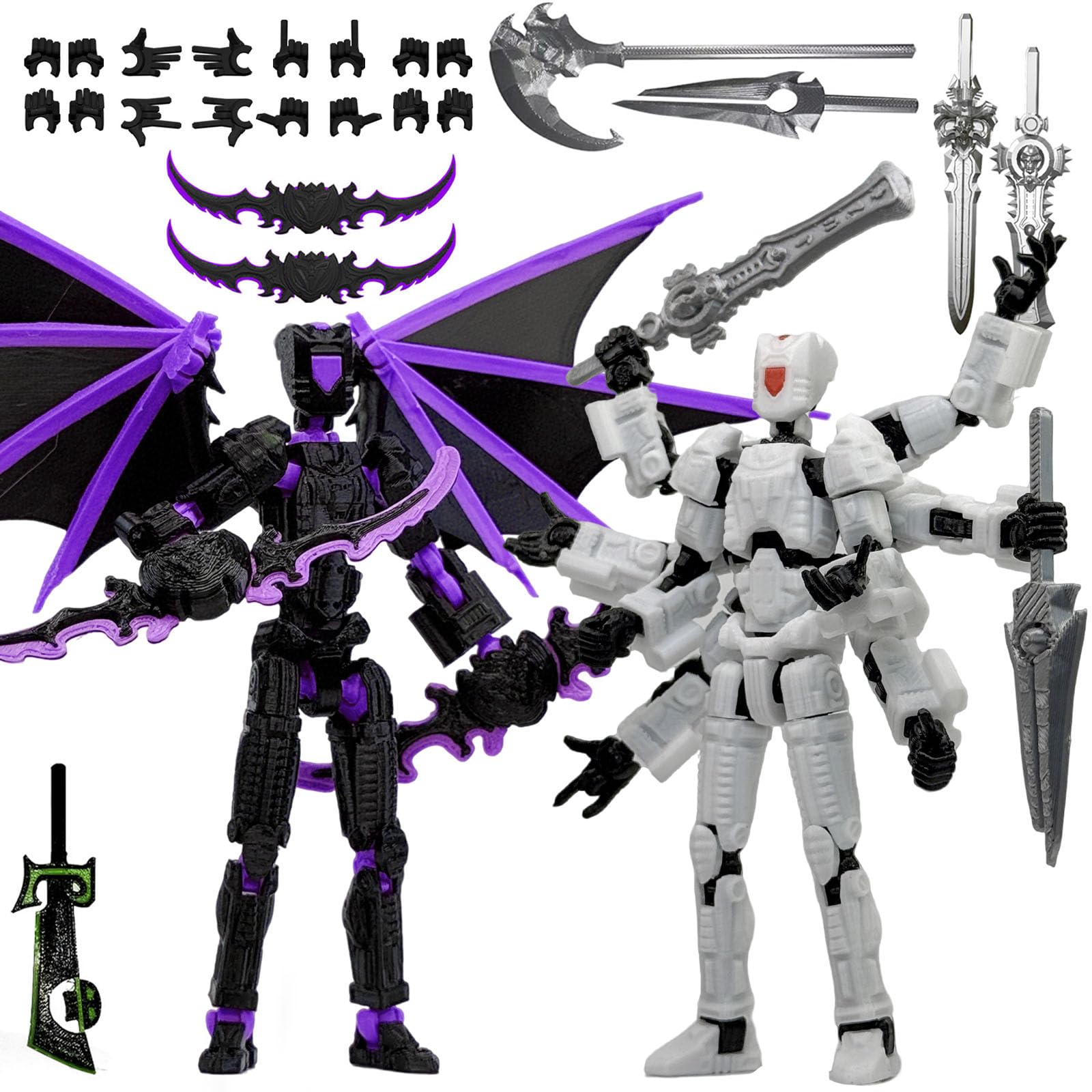 T13 3D Action Figures 2-Pack: Pre-Assembled Multi-Jointed Robot Set with Interchangeable Parts (Black Purple & White) - KAMOVNY Collectible Model Toy for Gamers and Desktop Decor