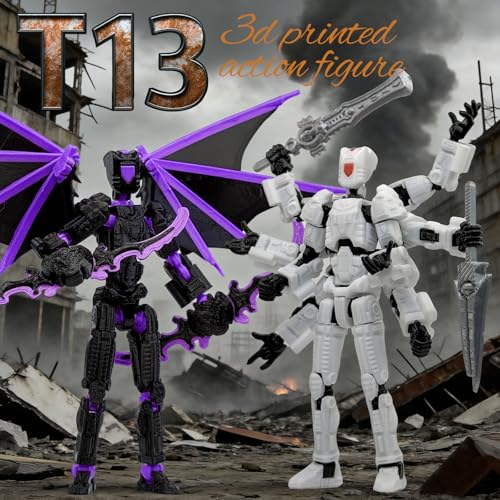 T13 3D Action Figures 2-Pack: Pre-Assembled Multi-Jointed Robot Set with Interchangeable Parts (Black Purple & White) - KAMOVNY Collectible Model Toy for Gamers and Desktop Decor