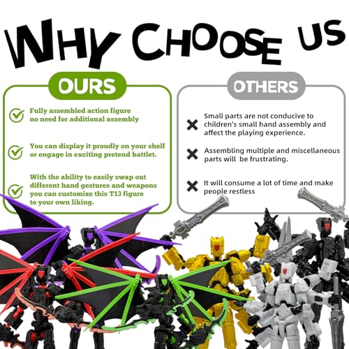 T13 3D Action Figures 2-Pack: Pre-Assembled Multi-Jointed Robot Set with Interchangeable Parts (Black Purple & White) - KAMOVNY Collectible Model Toy for Gamers and Desktop Decor