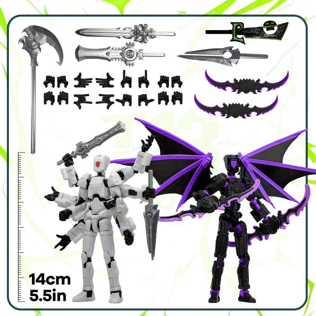 T13 3D Action Figures 2-Pack: Pre-Assembled Multi-Jointed Robot Set with Interchangeable Parts (Black Purple & White) - KAMOVNY Collectible Model Toy for Gamers and Desktop Decor