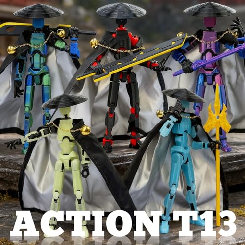 T13 3D Printed Action Figure – 5.2 Inch Black Purple Poseable Robot with Modifiable Weapon & Extra Hands