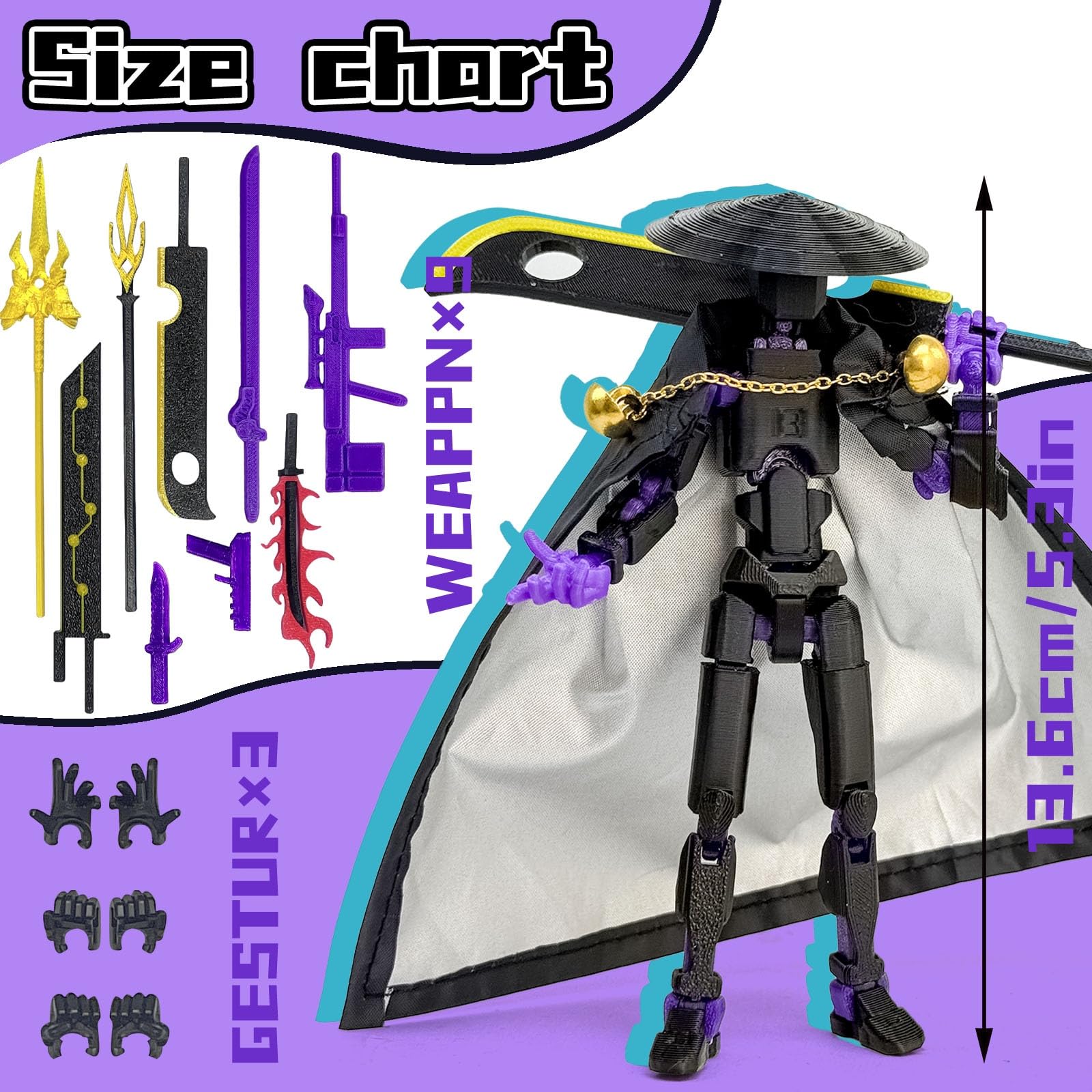 T13 3D Printed Action Figure – 5.2 Inch Black Purple Poseable Robot with Modifiable Weapon & Extra Hands