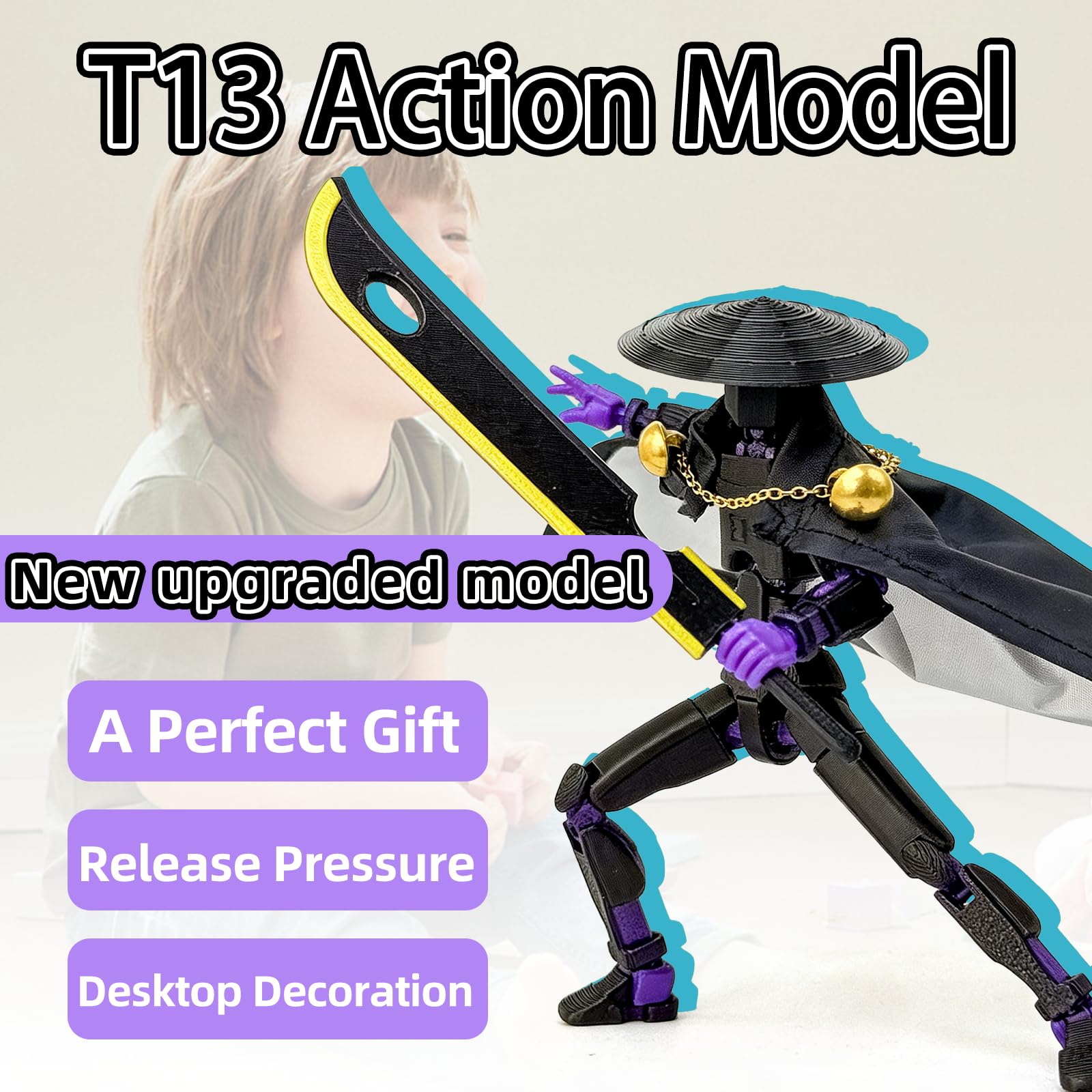 T13 3D Printed Action Figure – 5.2 Inch Black Purple Poseable Robot with Modifiable Weapon & Extra Hands