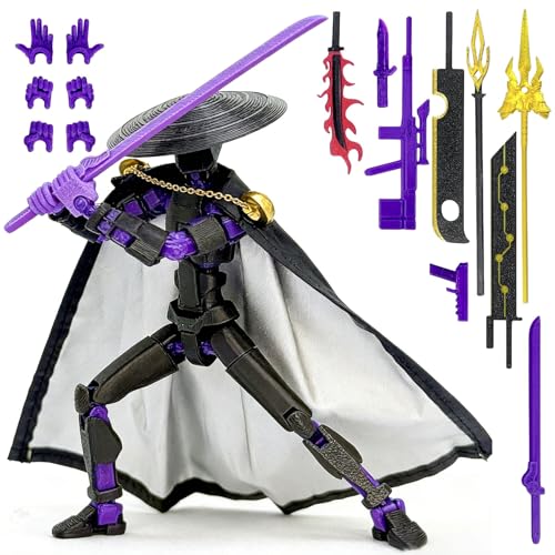 T13 3D Printed Action Figure – 5.2 Inch Black Purple Poseable Robot with Modifiable Weapon & Extra Hands