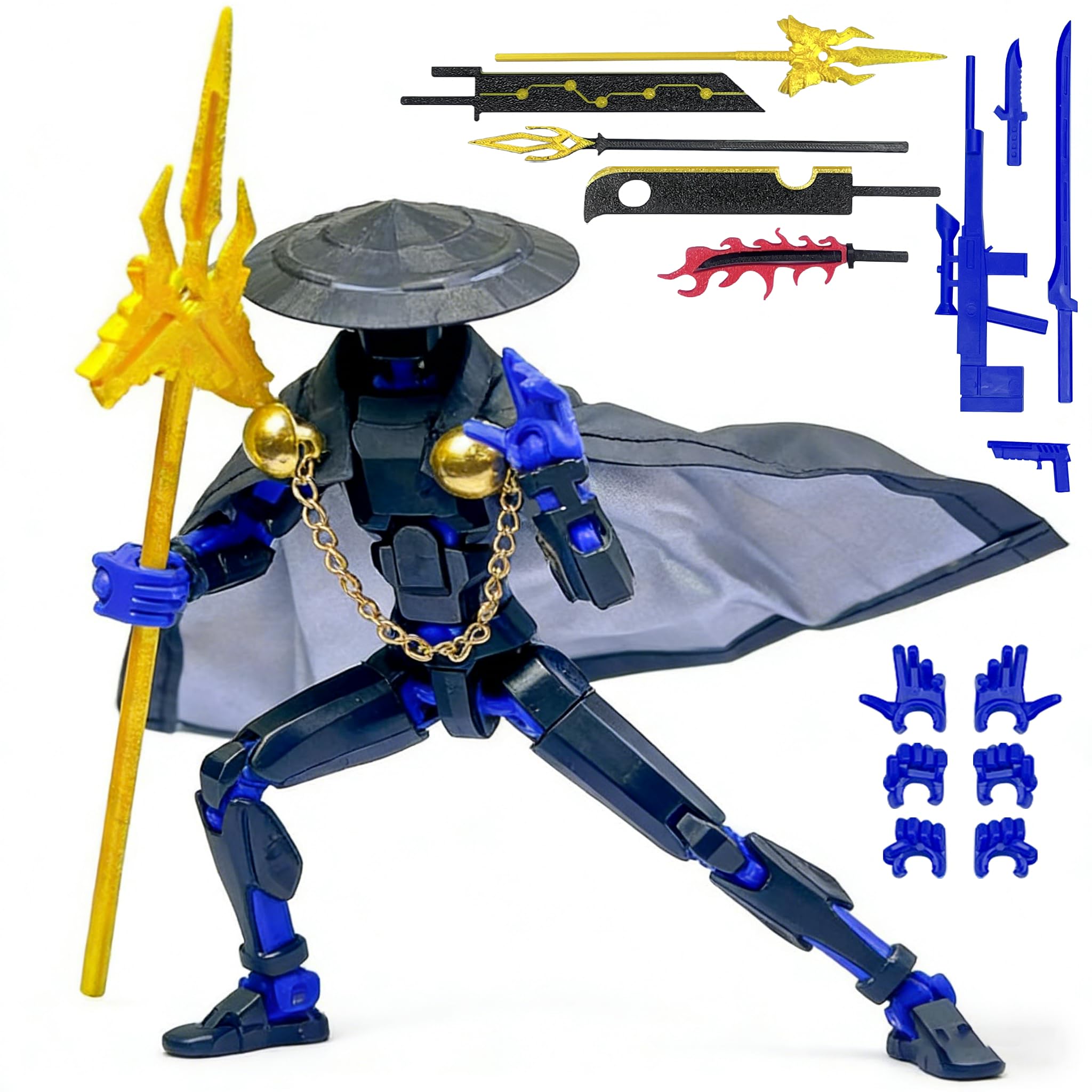 T13 Action Figure 5.2" Swordsman - Black Blue: 3D Printed Posable Robot by Sooza for Creative Play