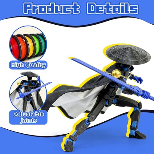 T13 Action Figure 5.2" Swordsman - Black Blue: 3D Printed Posable Robot by Sooza for Creative Play