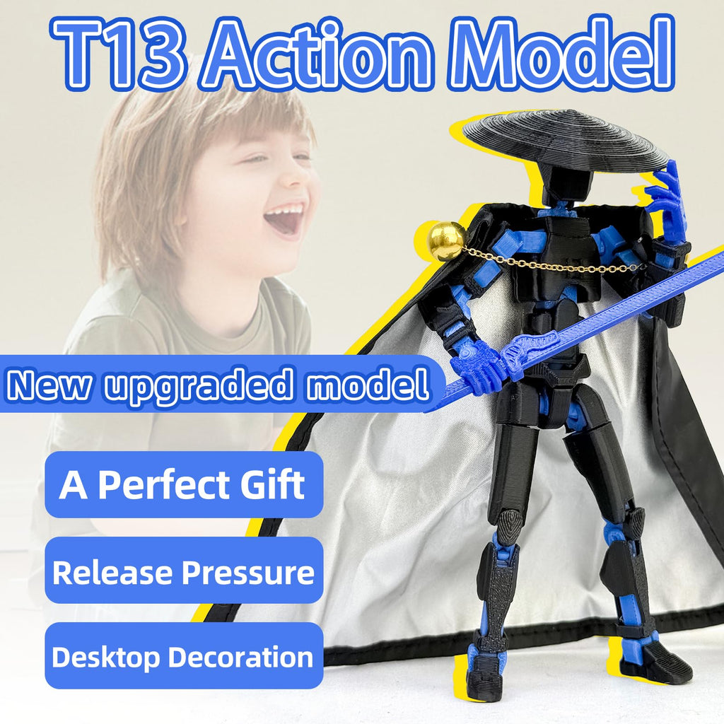 T13 Action Figure 5.2" Swordsman - Black Blue: 3D Printed Posable Robot by Sooza for Creative Play