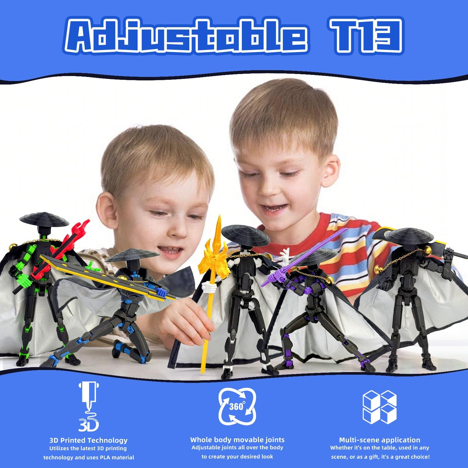 T13 Action Figure 5.2" Swordsman - Black Blue: 3D Printed Posable Robot by Sooza for Creative Play