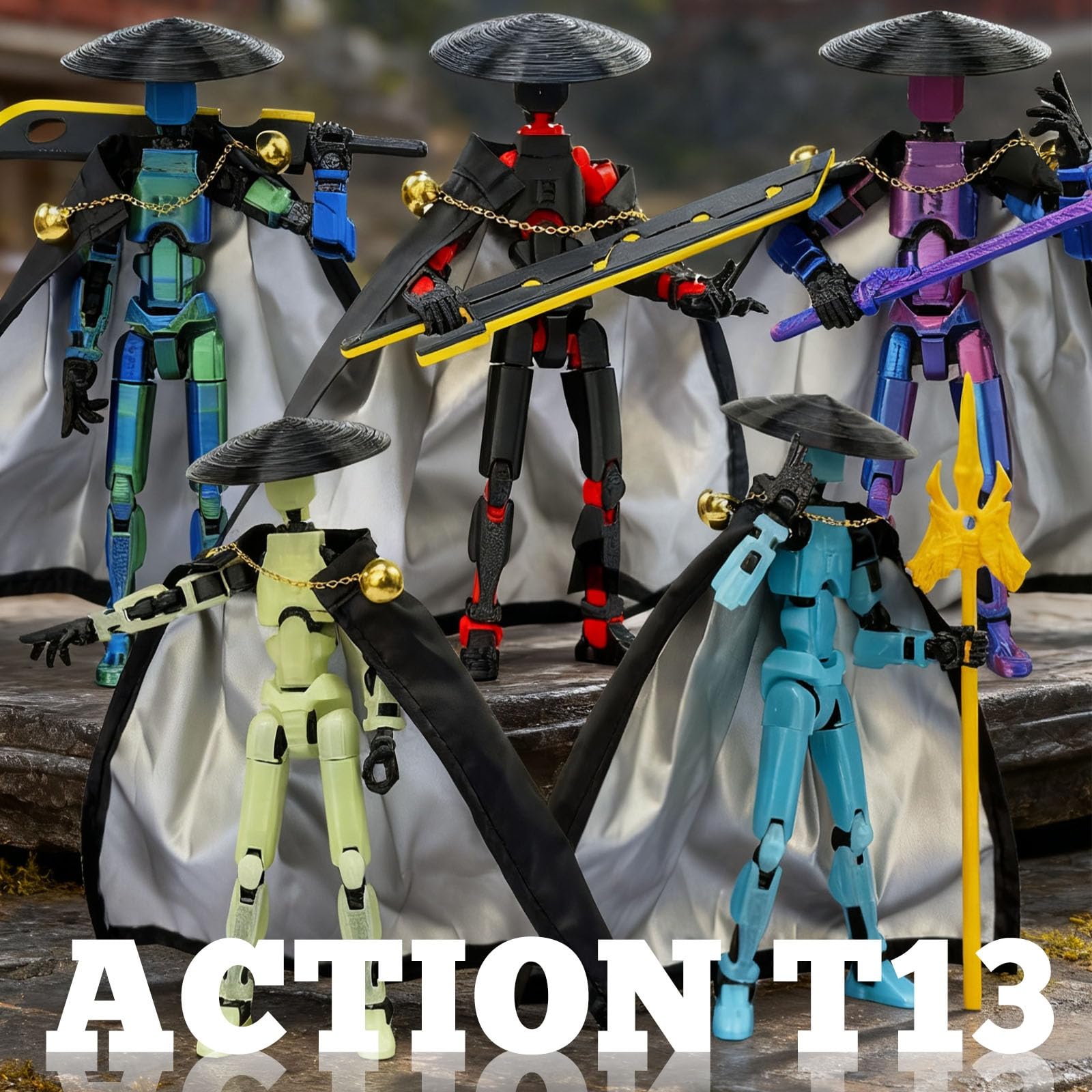 T13 Action Figure 5.2" Swordsman - Black Blue: 3D Printed Posable Robot by Sooza for Creative Play