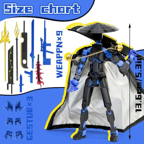 T13 Action Figure 5.2" Swordsman - Black Blue: 3D Printed Posable Robot by Sooza for Creative Play