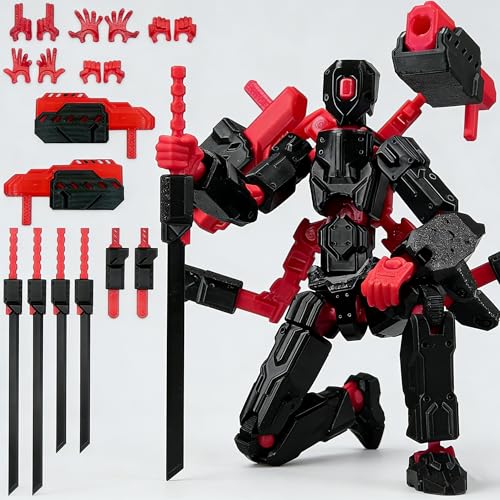 T13 Action Figure Set - 6-Arm 3D Printed Robot with 30+ Points of Articulation (Red & Black, Pre-Assembled)