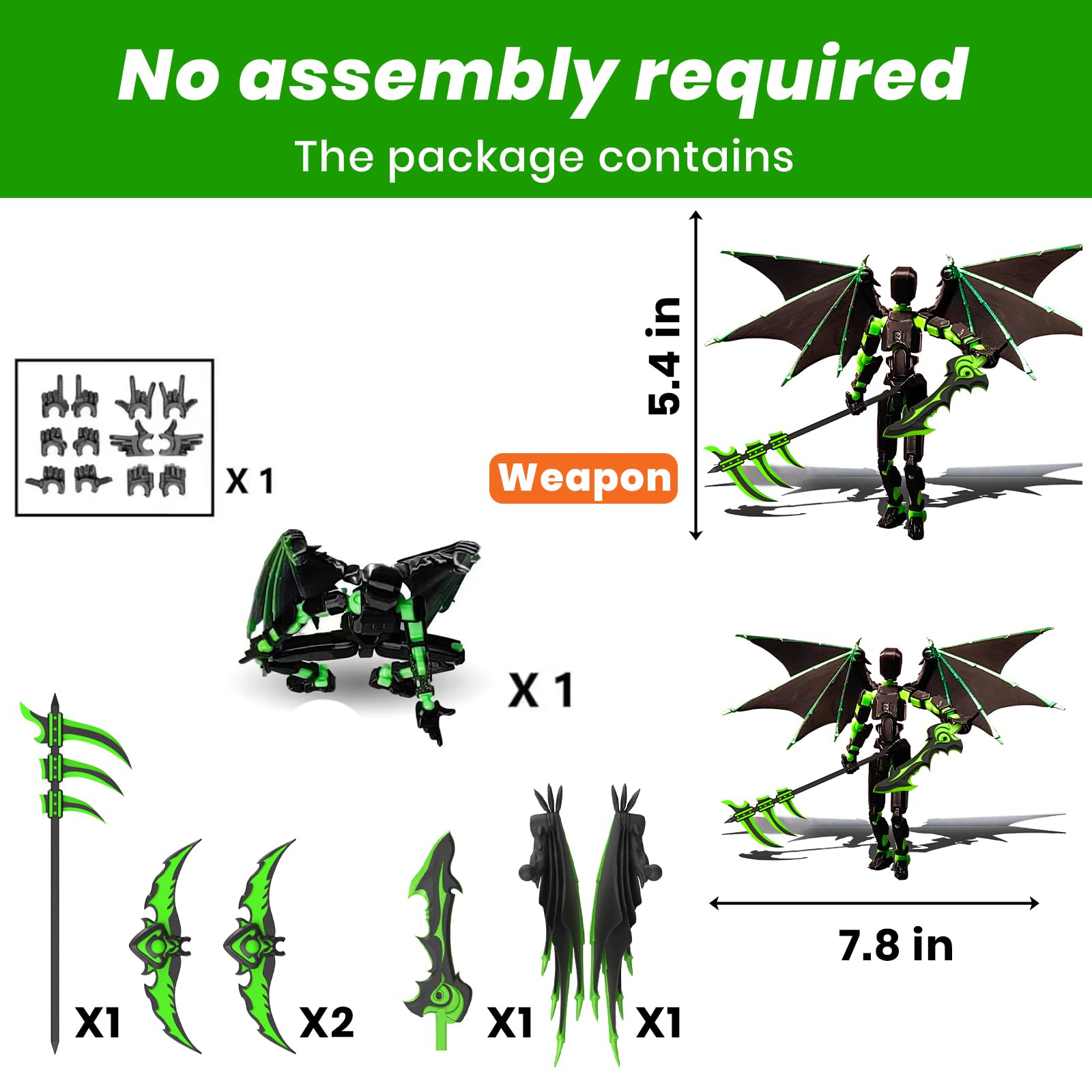 T13 Action Figure Set - Pre-Assembled Articulated Robot with Demon Wings & Weapons (Green Black)