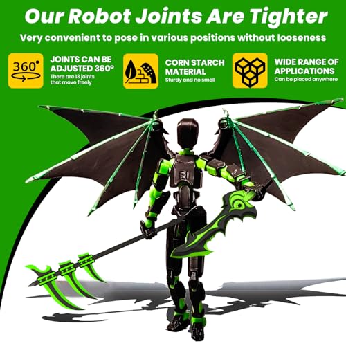 T13 Action Figure Set - Pre-Assembled Articulated Robot with Demon Wings & Weapons (Green Black)