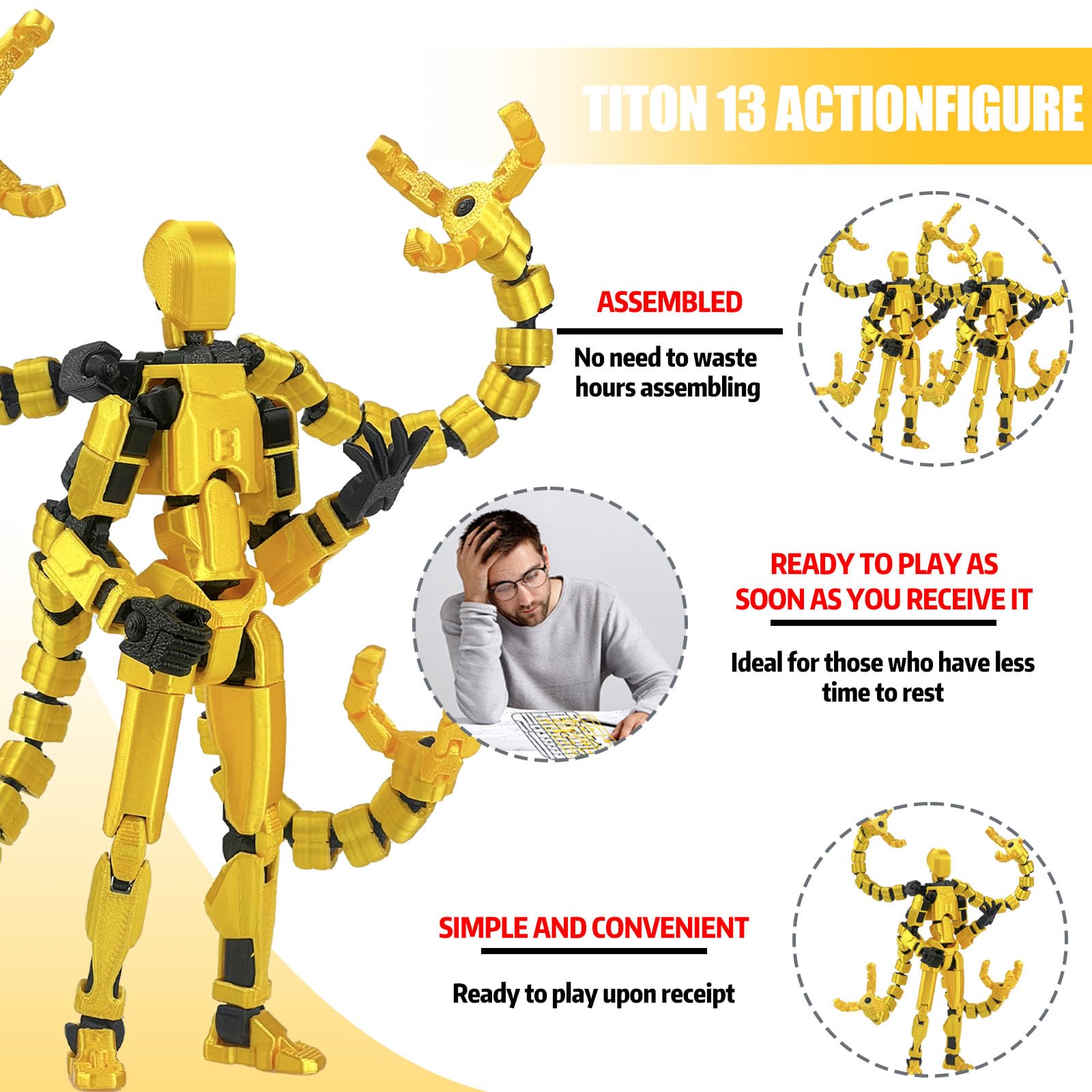 T13 Pre-Assembled Multi-Jointed Action Figure with Interchangeable Hands and Weapons – Yellow 5.5 Inch by PkghoKids