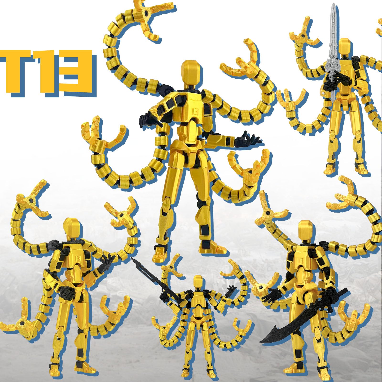 T13 Pre-Assembled Multi-Jointed Action Figure with Interchangeable Hands and Weapons – Yellow 5.5 Inch by PkghoKids