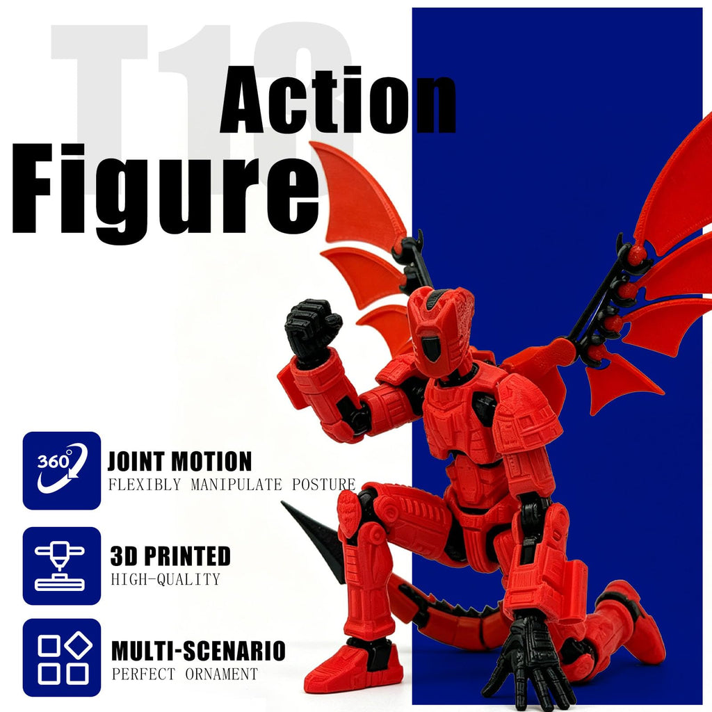 T13 Red Robot Action Figure with Dragon – 3D Printed Mecha Toy with Multi-Jointed Articulation and DIY Weapons
