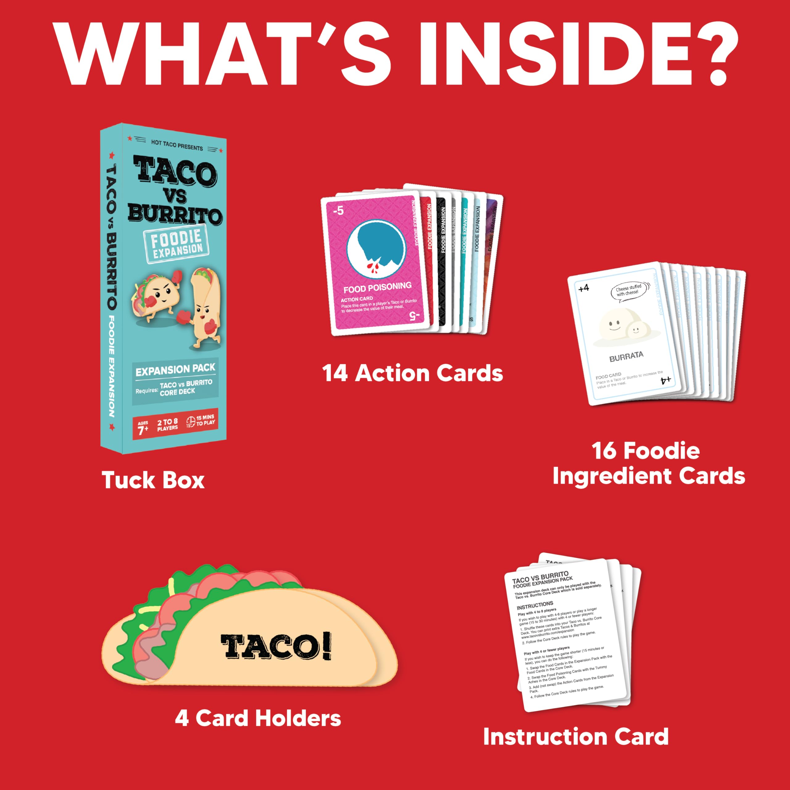 Taco vs Burrito Foodie Expansion Pack – 30 New Cards, Tortilla Holders, Ages 7+